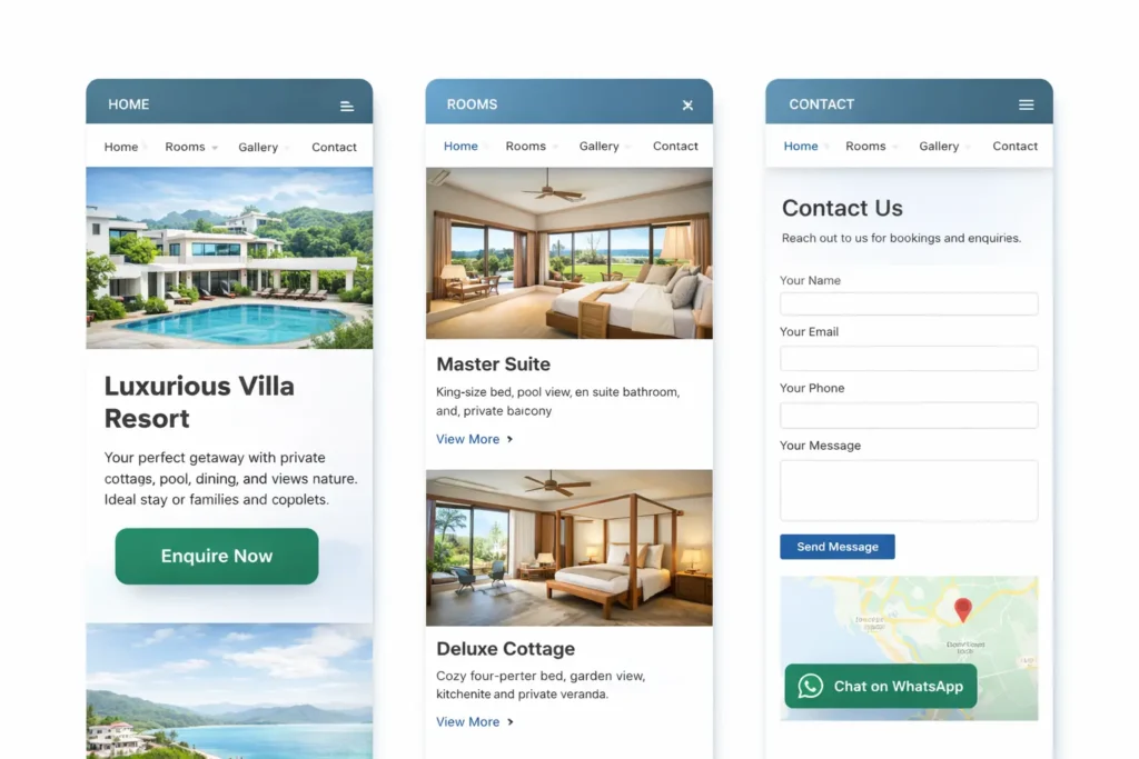 Villa and resort website pages designed for guest enquiries