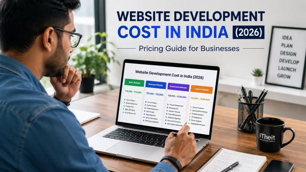 Business owner reviewing website development cost in India on laptop with pricing chart