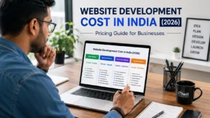 Business owner reviewing website development cost in India on laptop with pricing chart