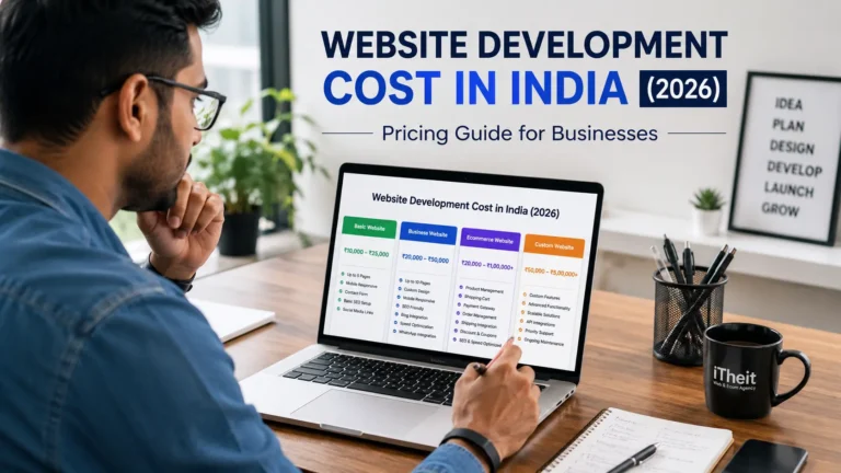 Business owner reviewing website development cost in India on laptop with pricing chart