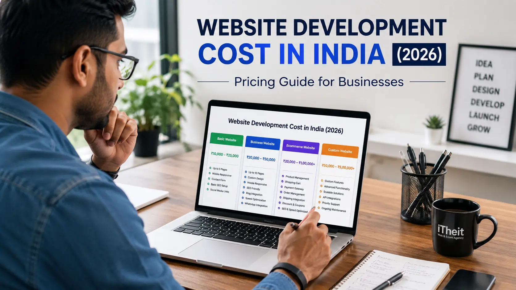 Business owner reviewing website development cost in India on laptop with pricing chart